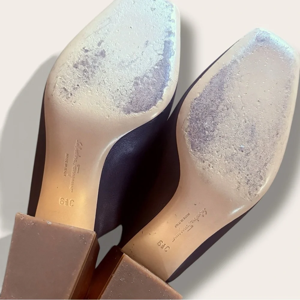 Salvatore Ferragamo Black Leather Lace-Up Mules Brushed Gold Heel - Picture 8 of 8